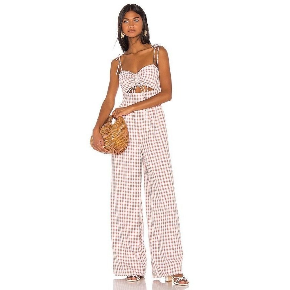 Song of Style Senna Jumpsuit Gingham Checkered Wide Leg Taupe White XL